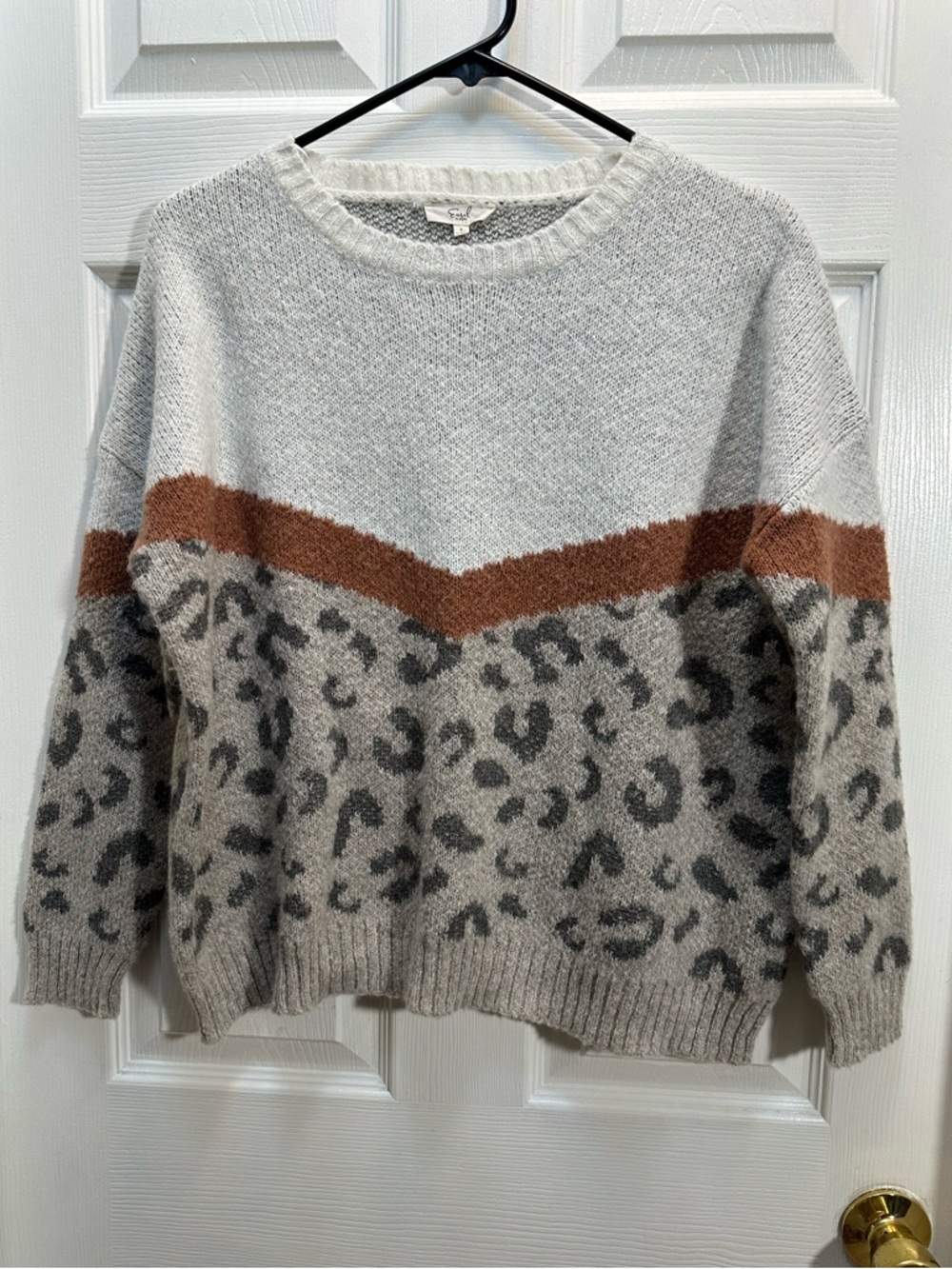 easel Leopard-Print Crewneck Sweater in Cream, Brown and Gray